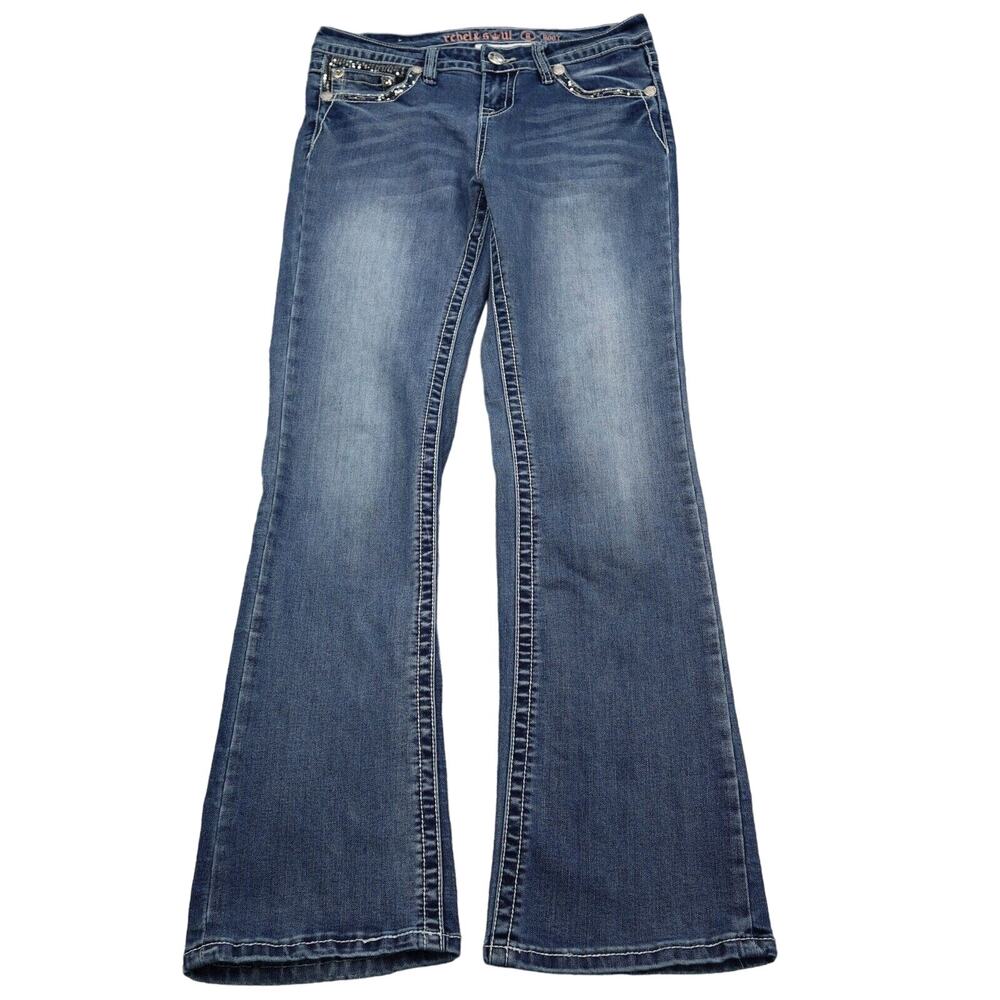 Rebel Soul Pants Womens 8 Blue Mid Rise 5 Pocket Design Boot Cut Jeans